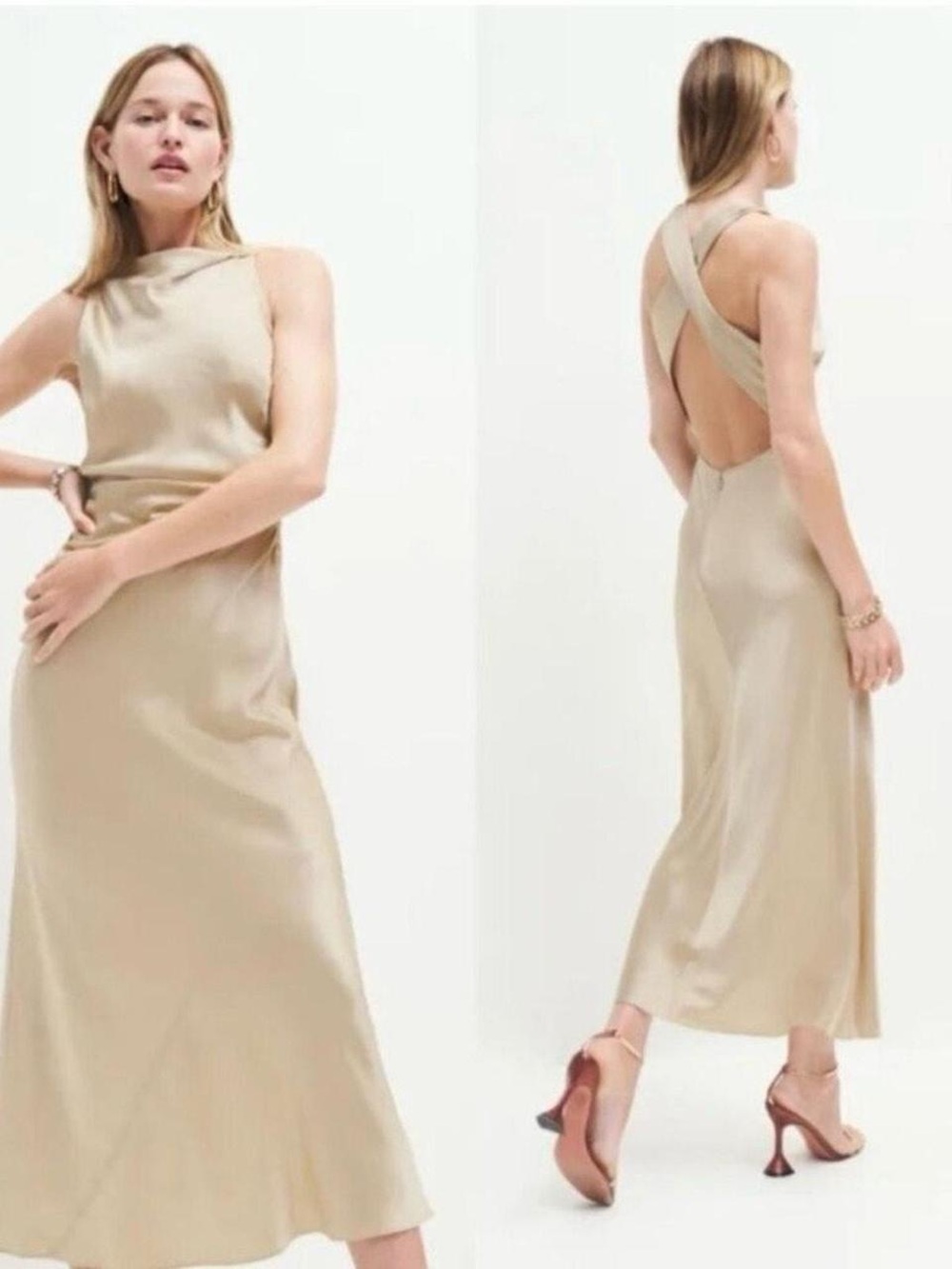 Sleeveless Satin Backless Midi Dress in Beige